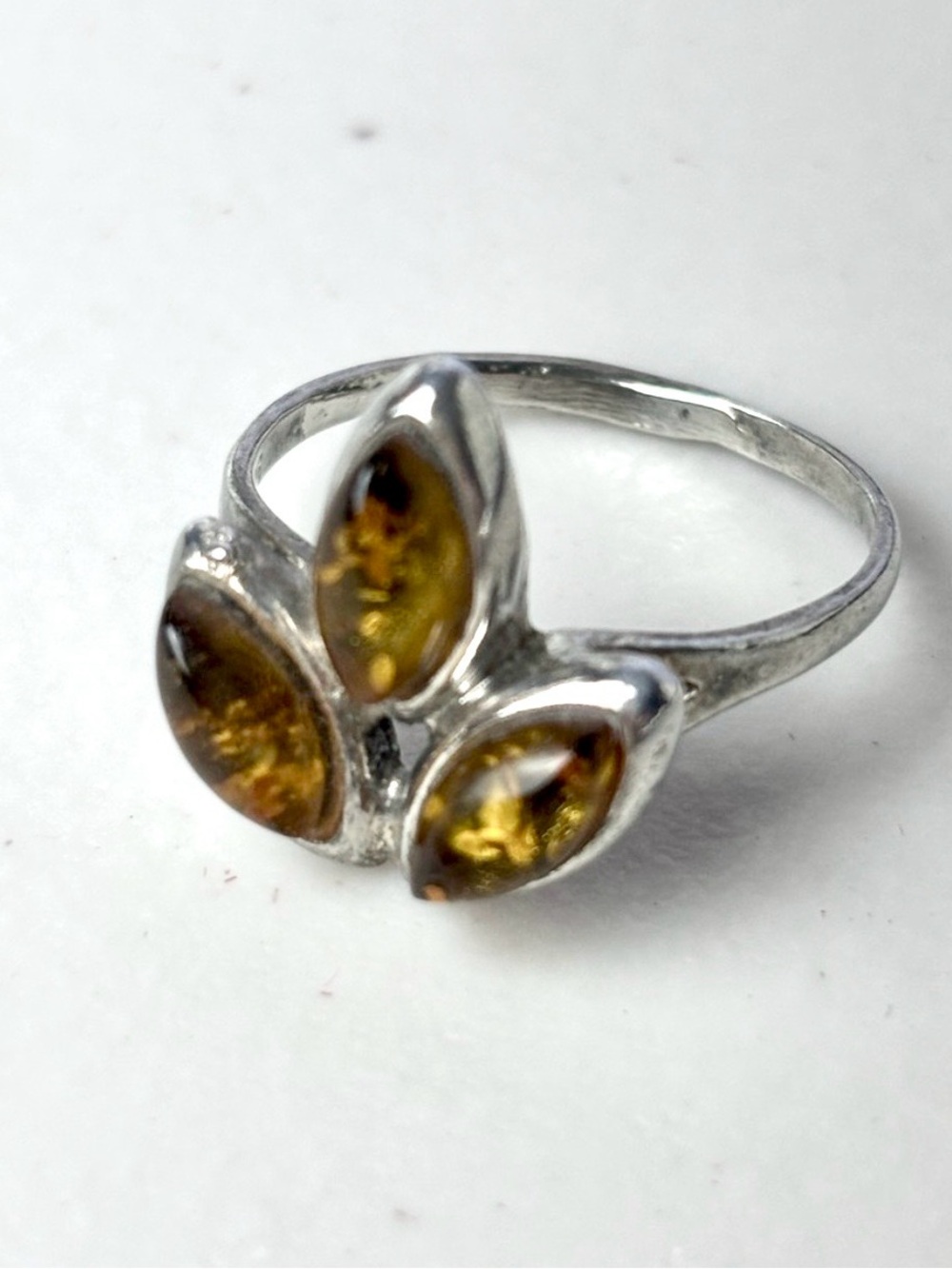 Vintage Sterling Silver Amber Marquise Trio Trefoil Ring - Yellow Baltic Amber